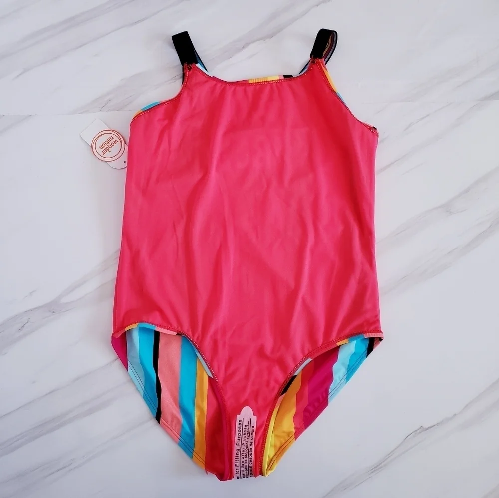 Wonder Nation Kids One Piece Bathing-Suit Striped Multicolored Rainbow Swimsuit
